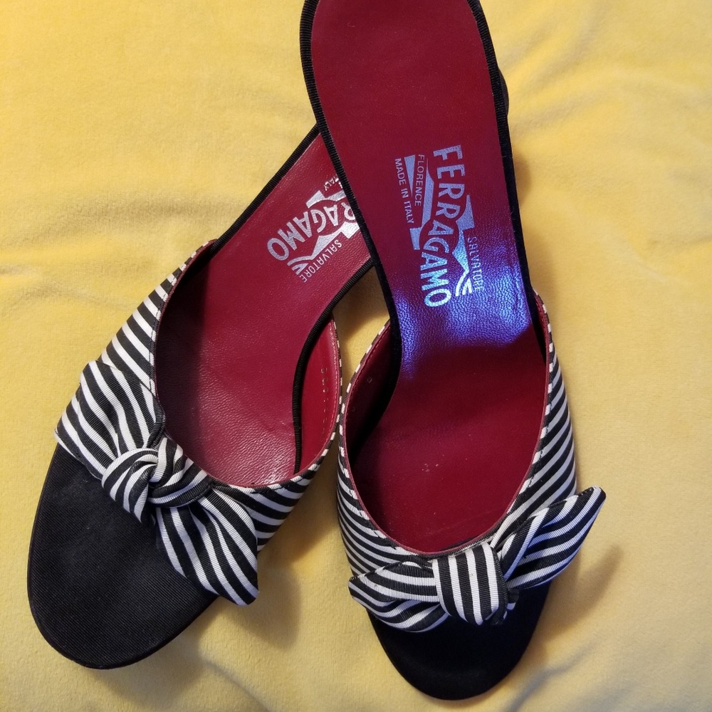 Ferragamo Black & White Striped With Red Heels